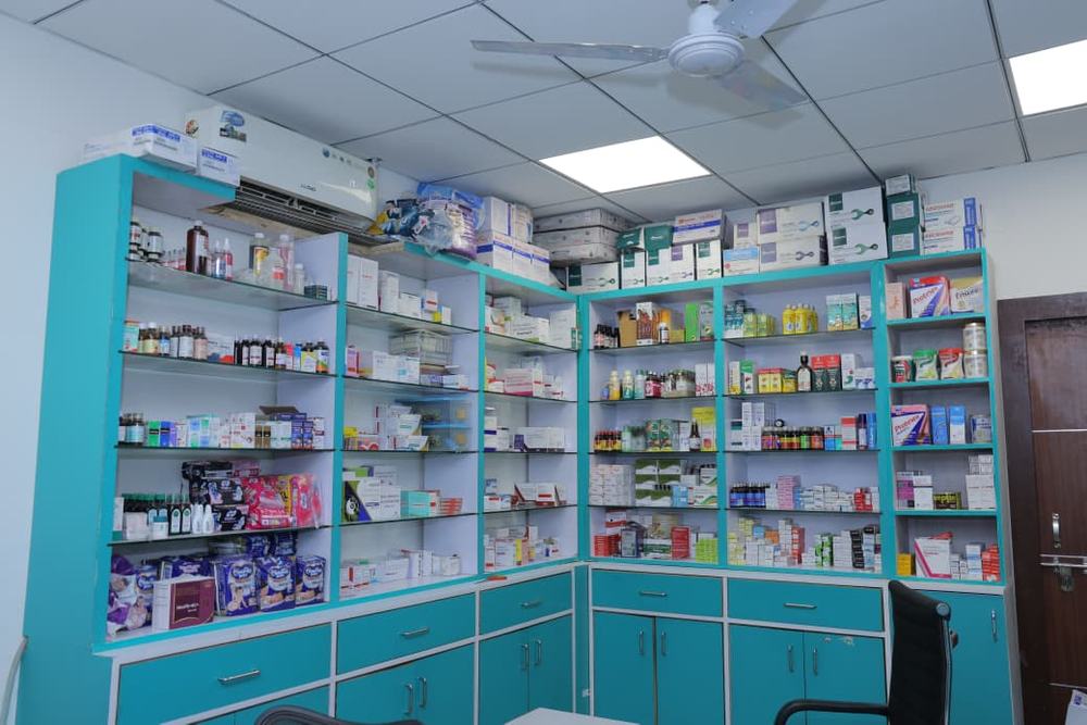 Pharmacy medicine stock shelves