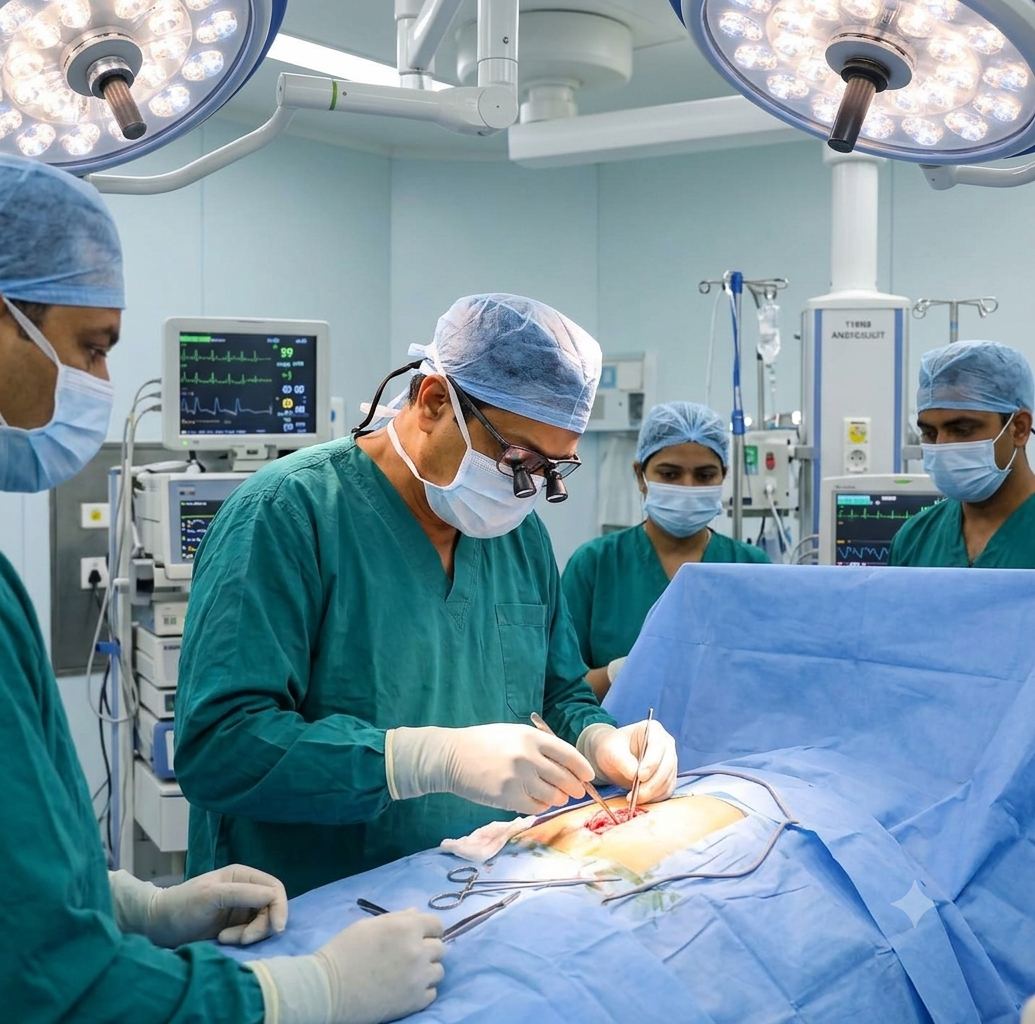 Surgeon and team performing surgery in the operation theatre